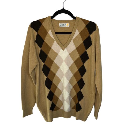 Lyle & Scott Mens Sweater Size 46 L Camel Tan Argyle Cashmere Scotland - Picture 1 of 6